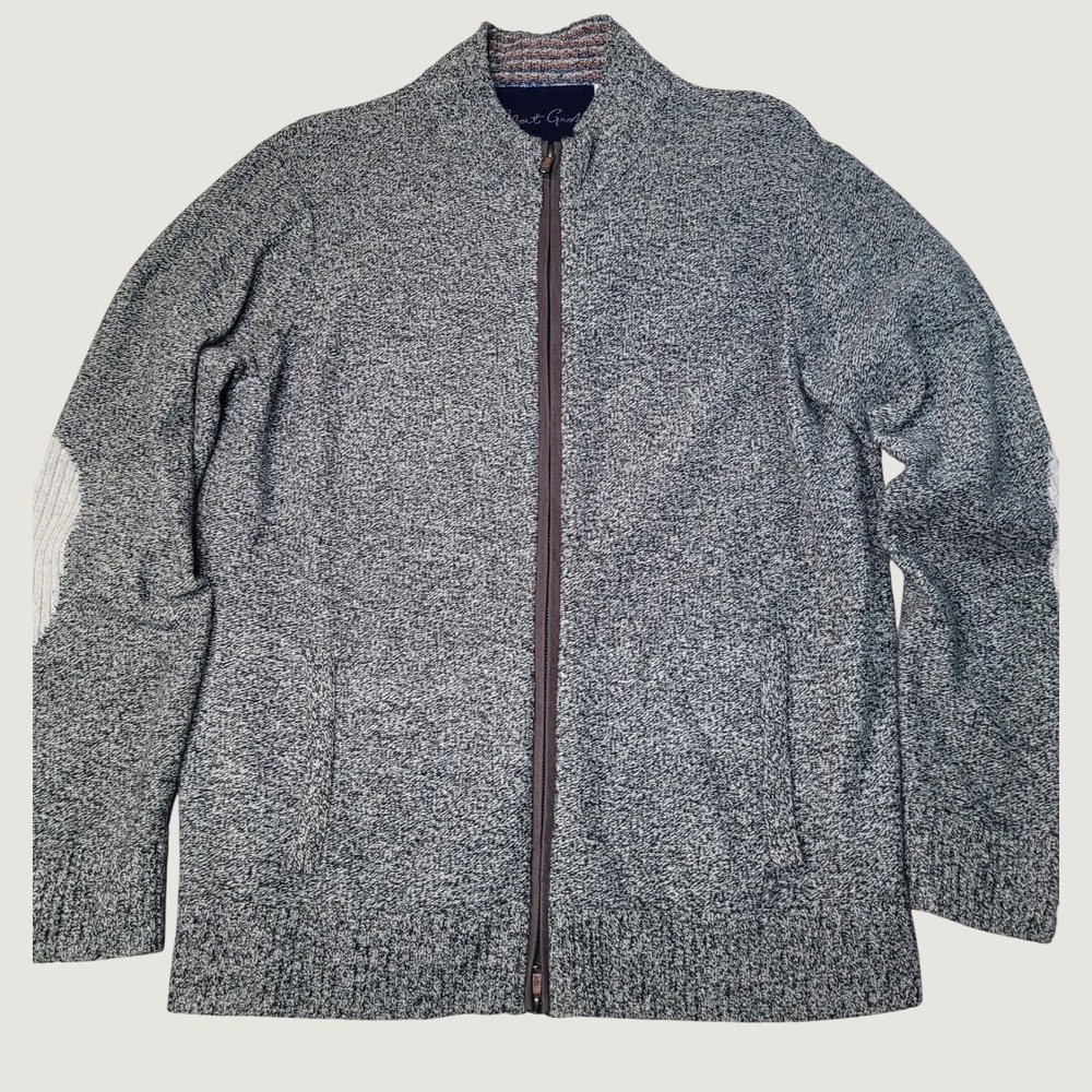 Robert Graham Mens 100% Wool Full Zip Cardigan Sweater Gray Marled Elbow Patch L